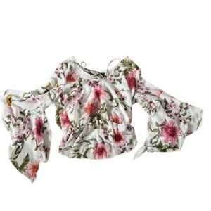 Guess white pink Floral sheer fairy sleeve peplum top shirt Extra Small XS 0 2 4